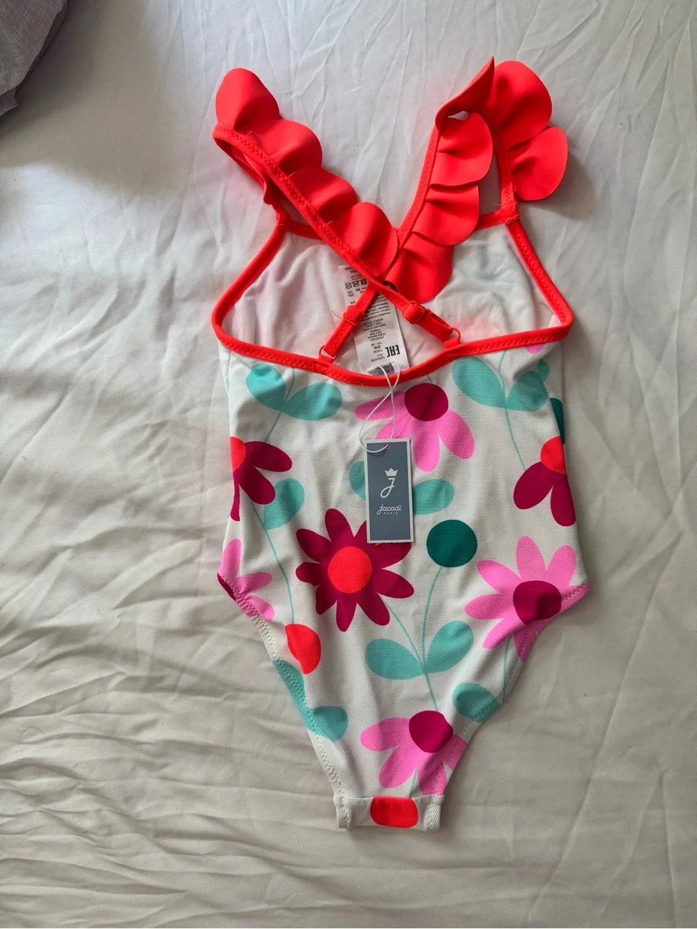 Jacadi White One-Piece Swimsuit with Pink & Coral Floral Print